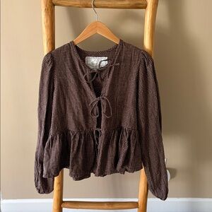 notPERFECTlinen Lourdes Top Chocolate Check S/M Women's Top